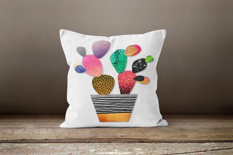 Succulent Green Pink Botanical Floral Cactus Cushion Cover