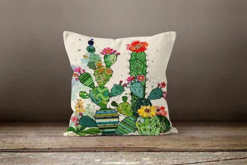Succulent Green Pink Botanical Floral Cactus Cushion Cover