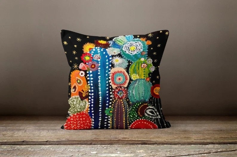 Succulent Green Pink Botanical Floral Cactus Cushion Cover