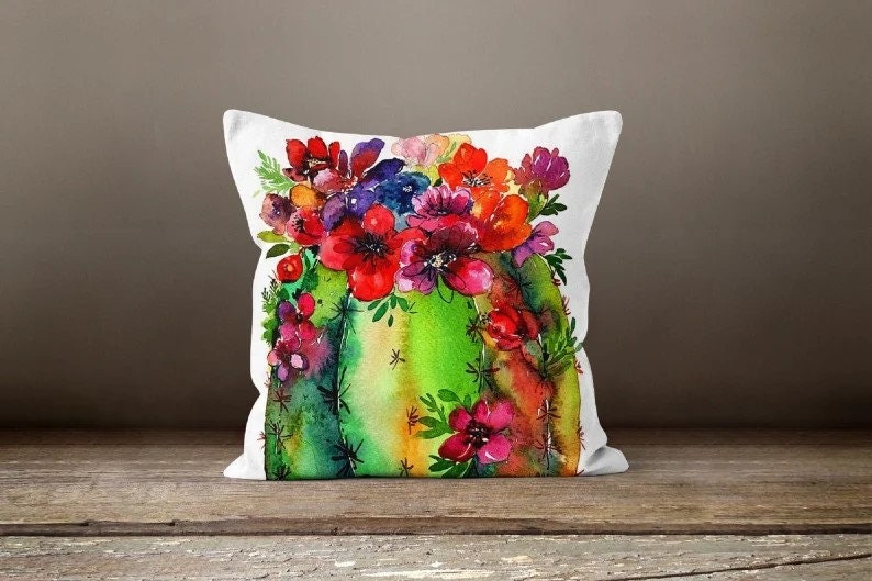 Succulent Green Pink Botanical Floral Cactus Cushion Cover