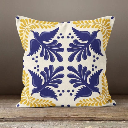 Blue and White Bird Tile Cushion Cover, Traditional Mediterranean Design