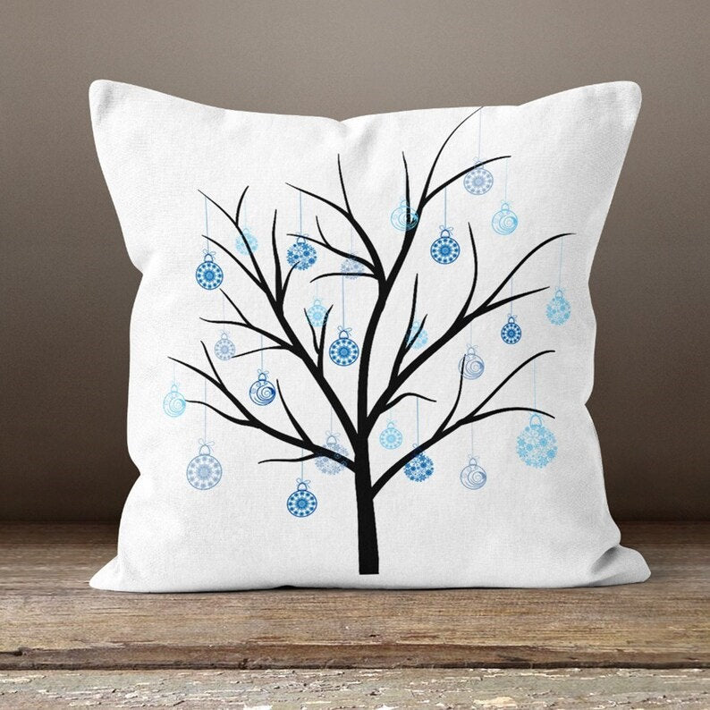 Evil Eye Ornament Tree Cushion Cover, Abstract Hand and Eye Design in Blue