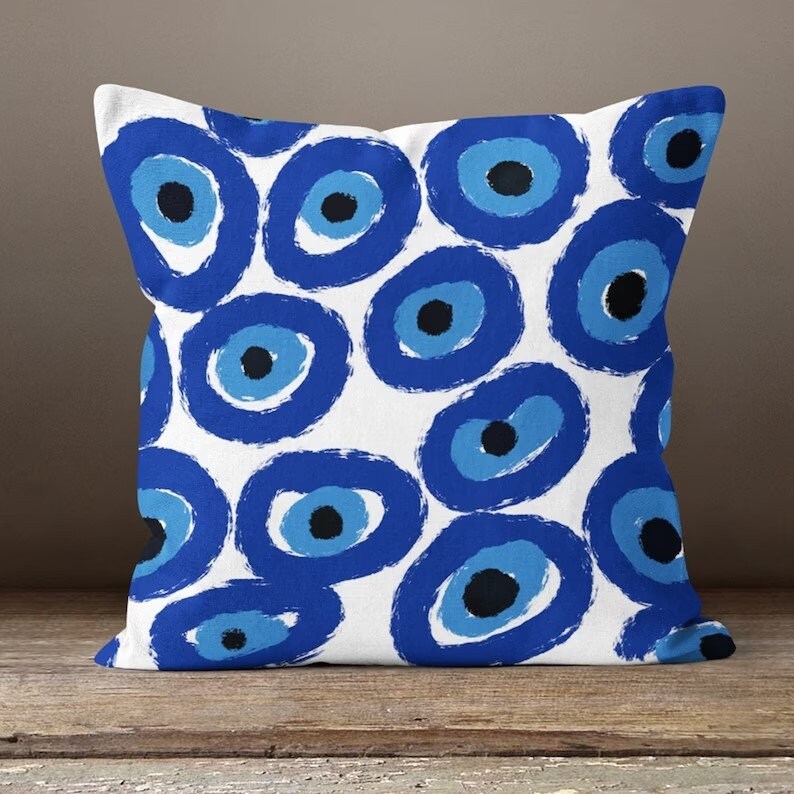 Evil Eye Ornament Tree Cushion Cover, Abstract Hand and Eye Design in Blue