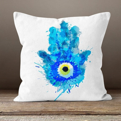 Evil Eye Ornament Tree Cushion Cover, Abstract Hand and Eye Design in Blue
