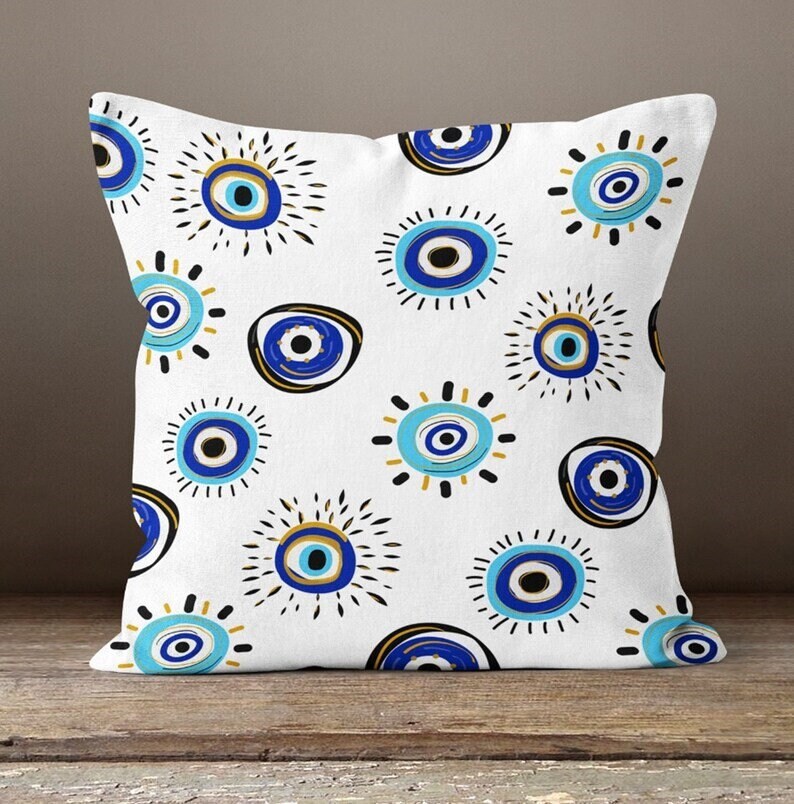 Evil Eye Ornament Tree Cushion Cover, Abstract Hand and Eye Design in Blue