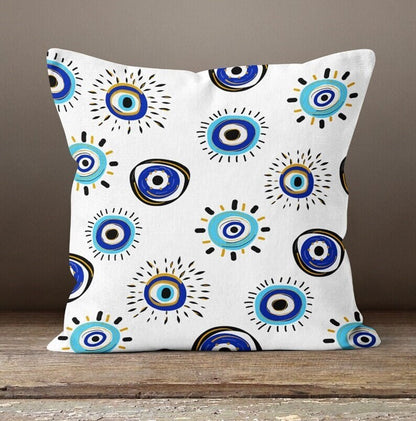 Evil Eye Ornament Tree Cushion Cover, Abstract Hand and Eye Design in Blue