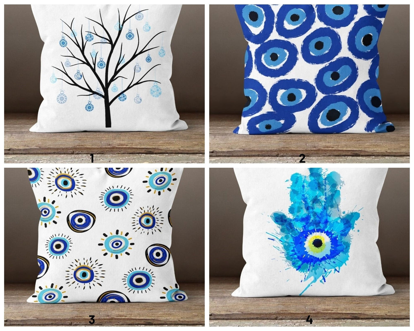 Evil Eye Ornament Tree Cushion Cover, Abstract Hand and Eye Design in Blue