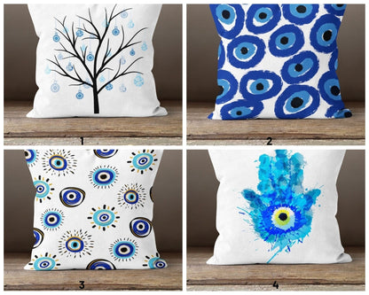 Evil Eye Ornament Tree Cushion Cover, Abstract Hand and Eye Design in Blue
