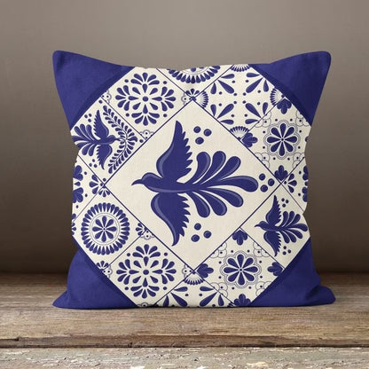 Blue and White Bird Tile Cushion Cover, Traditional Mediterranean Design