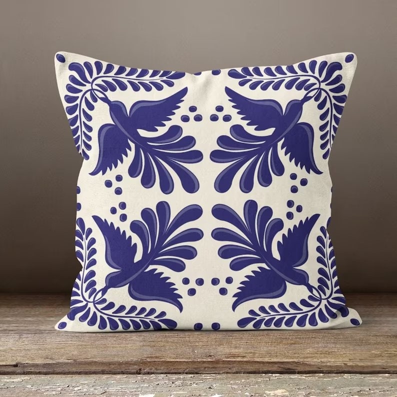 Blue and White Bird Tile Cushion Cover, Traditional Mediterranean Design