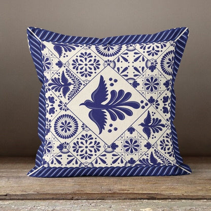 Blue and White Bird Tile Cushion Cover, Traditional Mediterranean Design