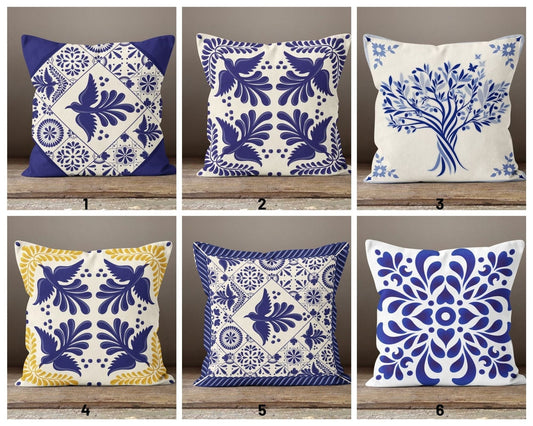 Blue and White Bird Tile Cushion Cover, Traditional Mediterranean Design