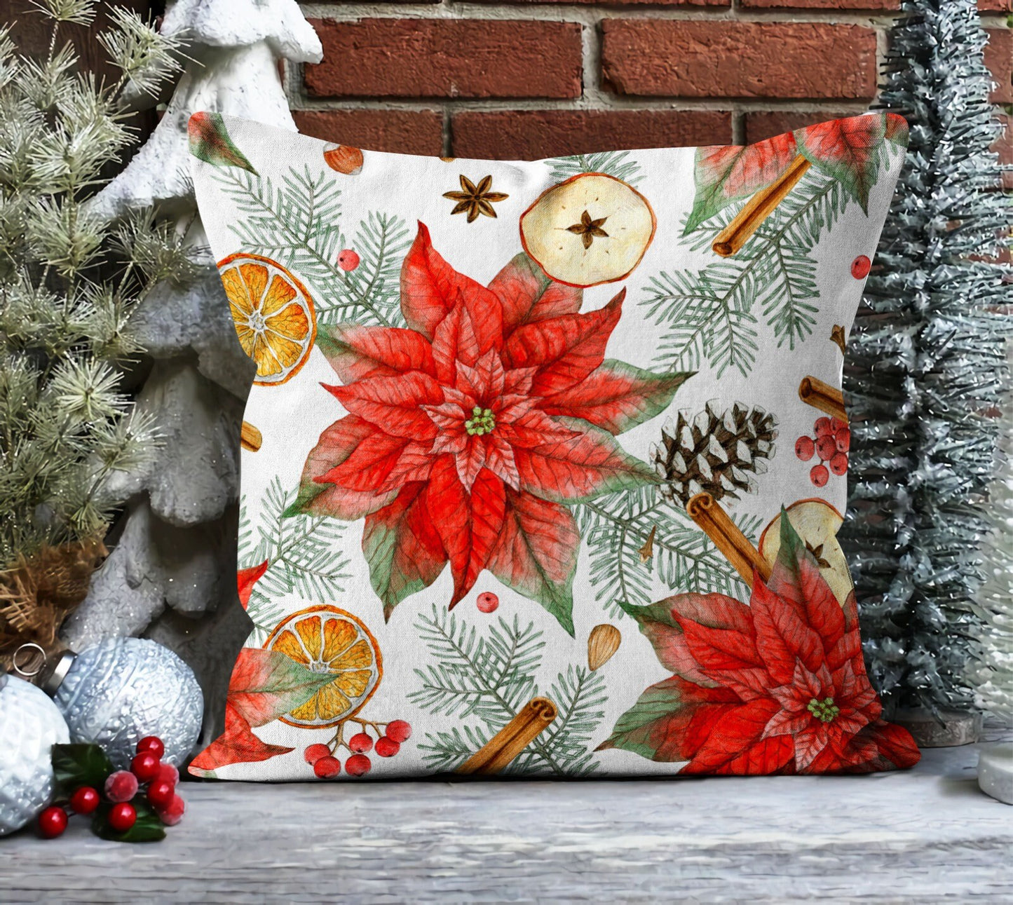 Santa, Red Nordic Christmas, Snowflake Pattern Cushion Cover