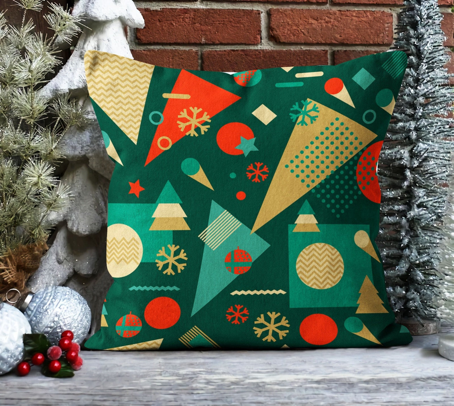 Geometric Christmas Tree, Pinecone and Green Cushion Cover