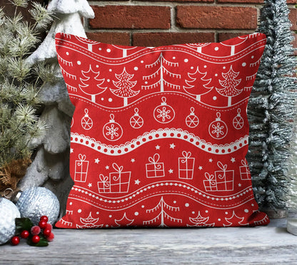 Santa, Red Nordic Christmas, Snowflake Pattern Cushion Cover