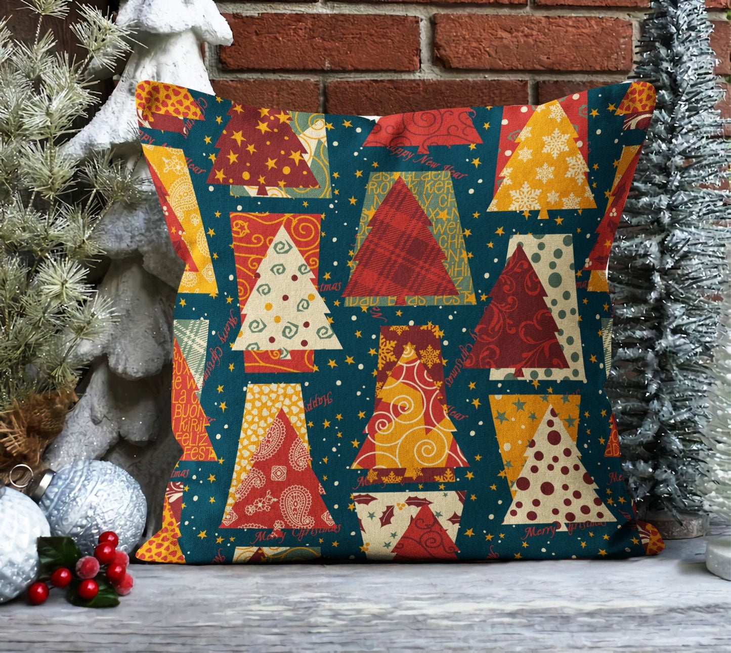 Geometric Christmas Tree, Pinecone and Green Cushion Cover