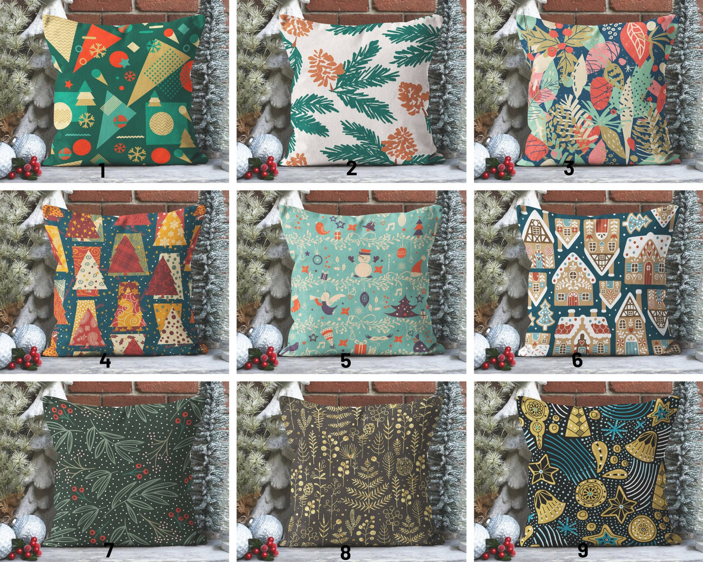 Geometric Christmas Tree, Pinecone and Green Cushion Cover