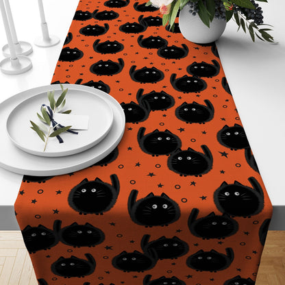 Black Cat Witch Broom Orange Halloween Table Runner
