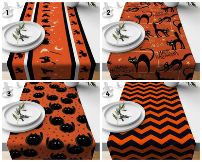Black Cat Witch Broom Orange Halloween Table Runner