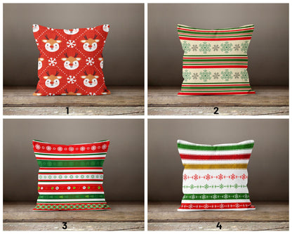 Reindeer Faces on Red Cushion Cover, Christmas Stripes Green