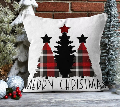 Plaid Christmas Tree Cushion Cover, Pine Cones and Bird with Plaid Basket