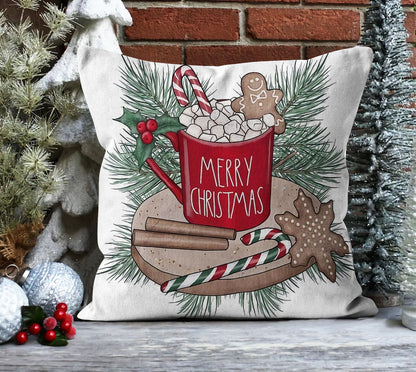 Plaid Christmas Tree Cushion Cover, Pine Cones and Bird with Plaid Basket