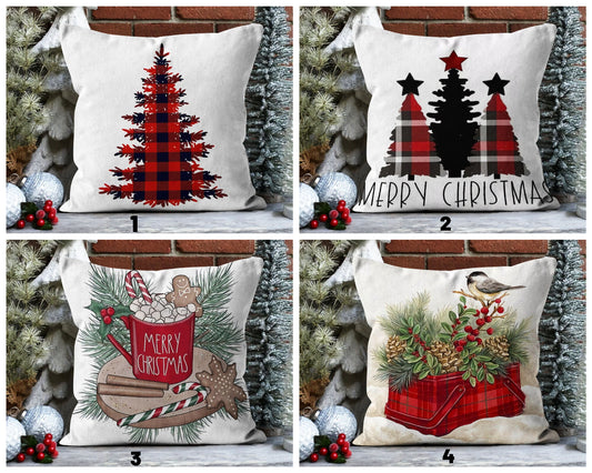 Plaid Christmas Tree Cushion Cover, Pine Cones and Bird with Plaid Basket