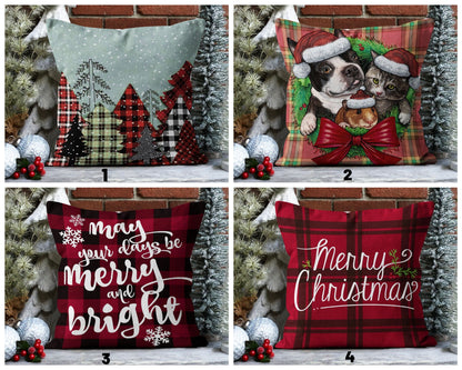 Plaid Christmas Forest Cushion Cover, Classic Red Plaid Design