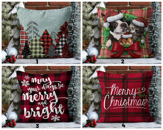 Plaid Christmas Forest Cushion Cover, Classic Red Plaid Design