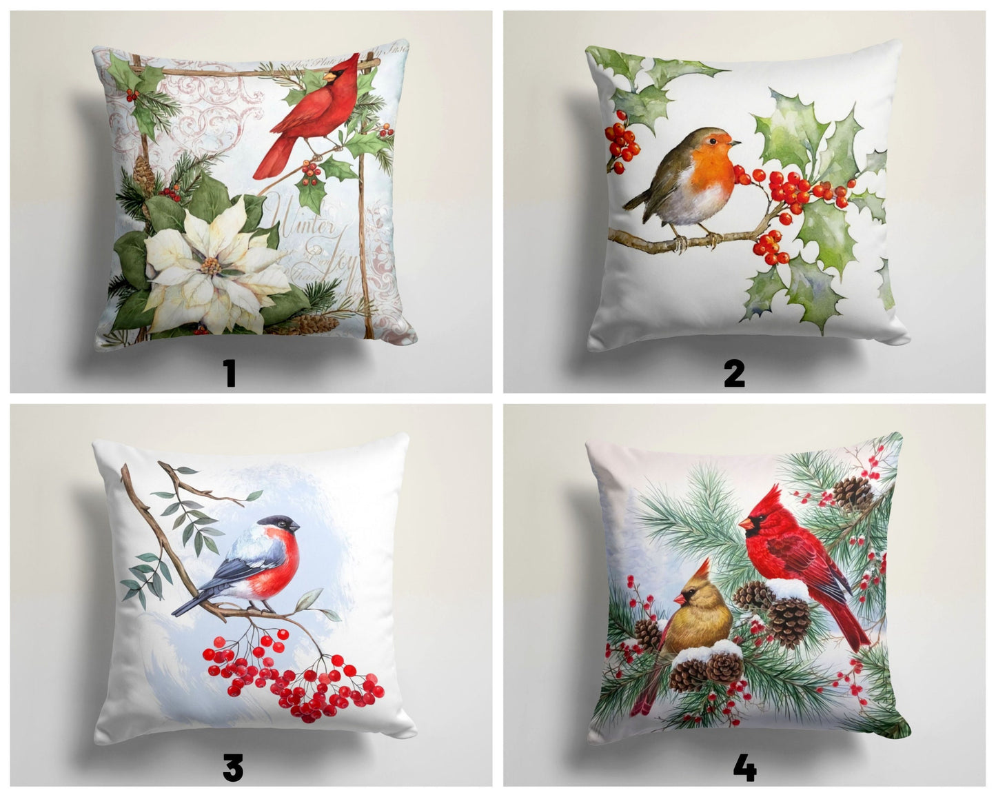 Xmas Cardinal Flower Print Christmas Cushion Cover