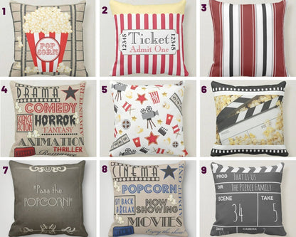 Popcorn Bucket Cushion Cover, Movie Night Retro Cinema Design