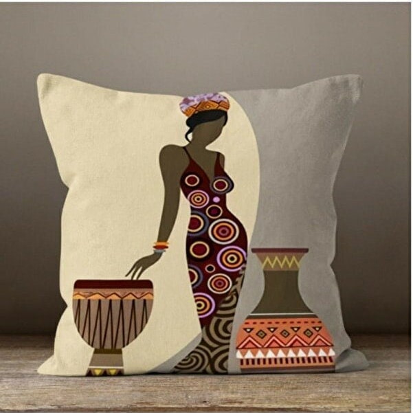 African Woman with Butterfly Cushion Cover, African Drums Style