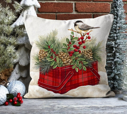 Plaid Christmas Tree Cushion Cover, Pine Cones and Bird with Plaid Basket