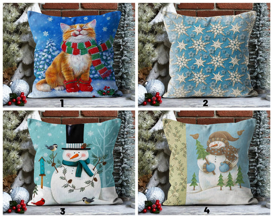Winter Cat Wonderland Cushion Cover, Rustic Blue Snowflake