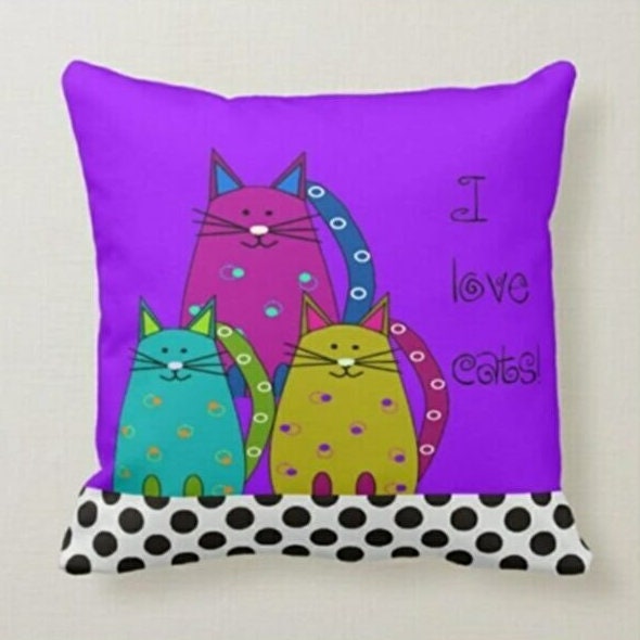 Pink Cartoon Cat Cushion Cover, Polka Dots Design