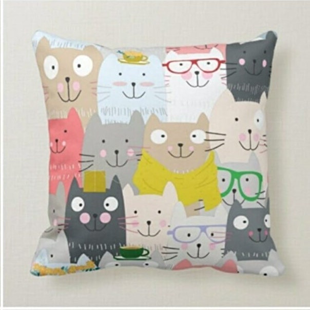 Pink Cartoon Cat Cushion Cover, Polka Dots Design