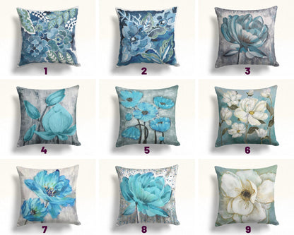 Blue Floral Cushion Cover with Turquoise Flower Pattern
