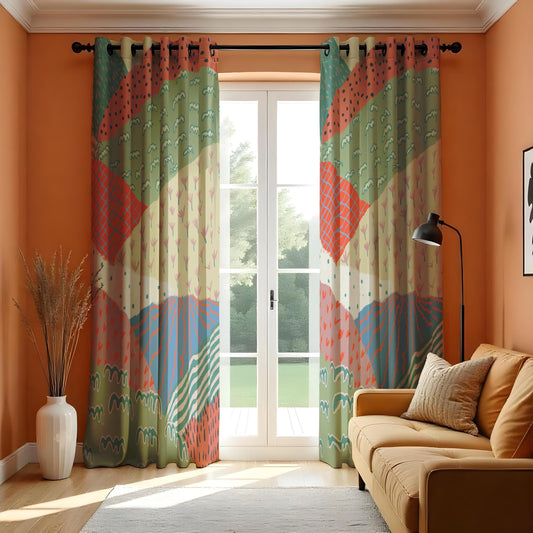 Colorful Patchwork Eyelet Curtains Boho Chic Window Drapes