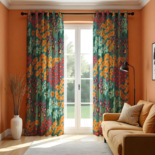 Vibrant Floral Eyelet Curtains, Bold Botanical Window Drapes