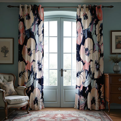 Watercolor Floral Curtains, Pink & Navy Blue Window Drapes