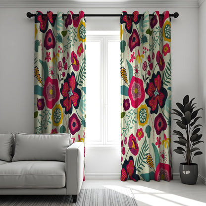 Bold Floral Curtains, Vibrant Pink & Navy Botanical Print Drapes
