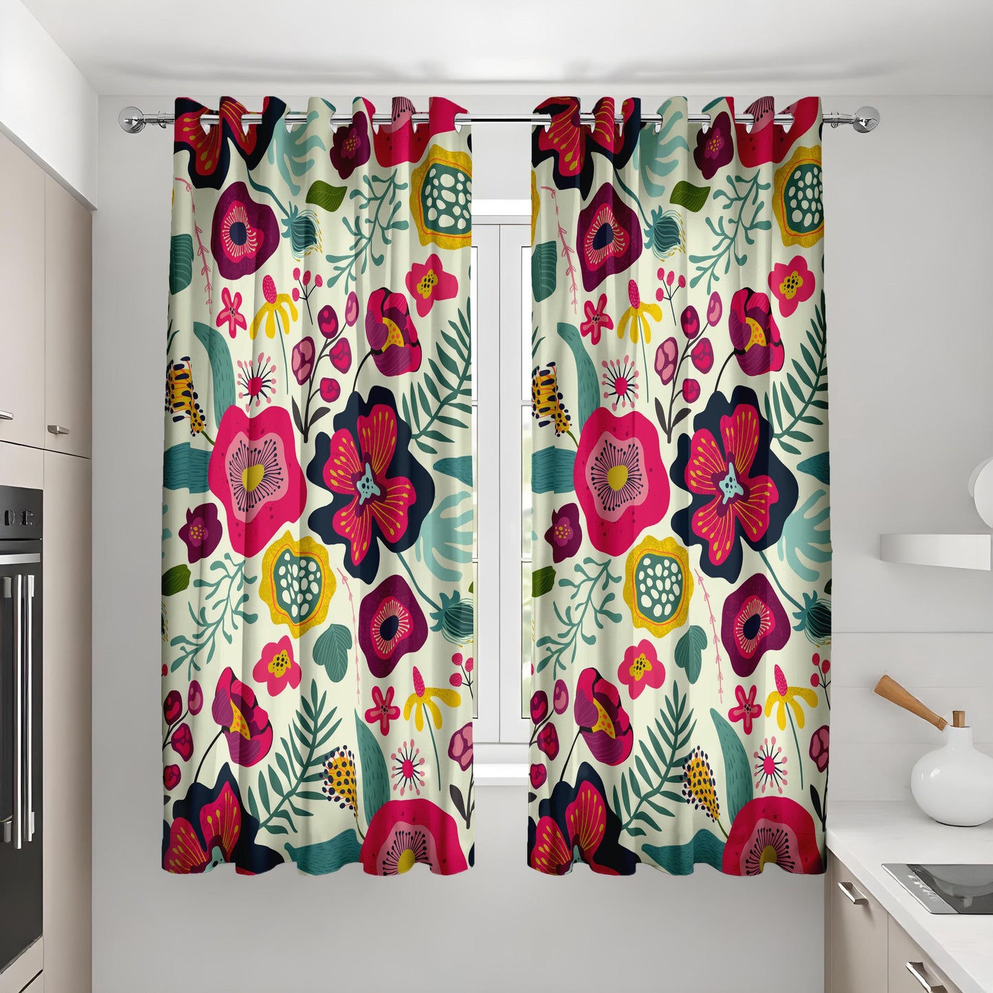 Bold Floral Curtains, Vibrant Pink & Navy Botanical Print Drapes