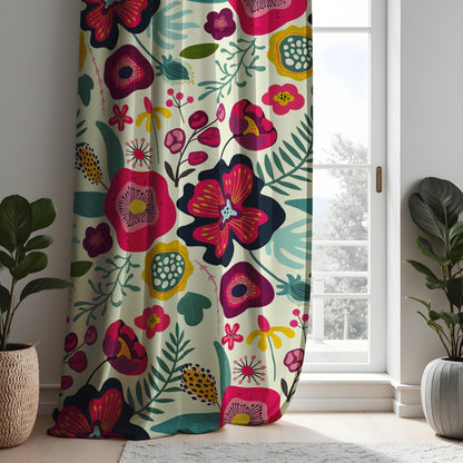 Bold Floral Curtains, Vibrant Pink & Navy Botanical Print Drapes