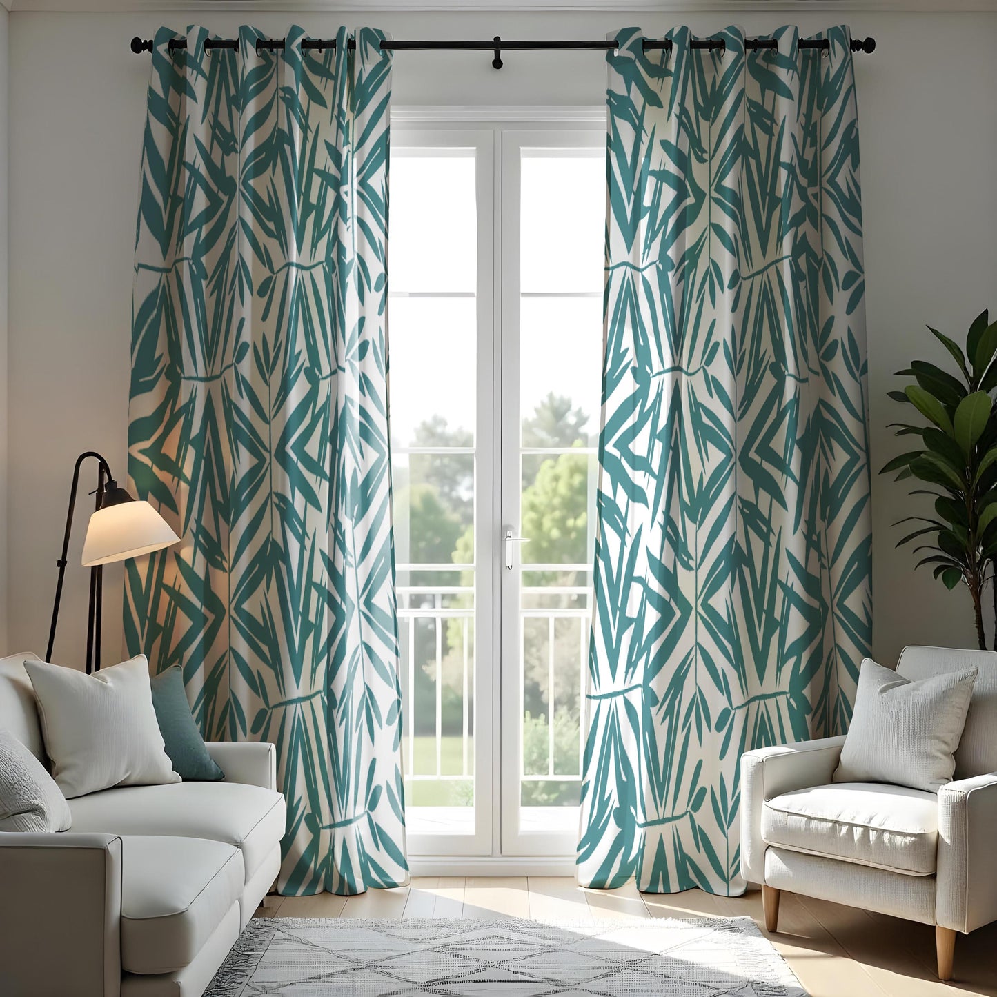 Modern Geometric Bamboo Curtains, Teal & White Minimalist Drapes