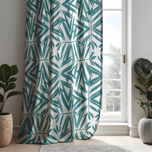 Modern Geometric Bamboo Curtains, Teal & White Minimalist Drapes