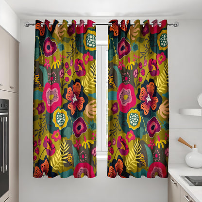 Dark Boho Floral Curtains, Mustard Yellow & Pink Botanical Drapes