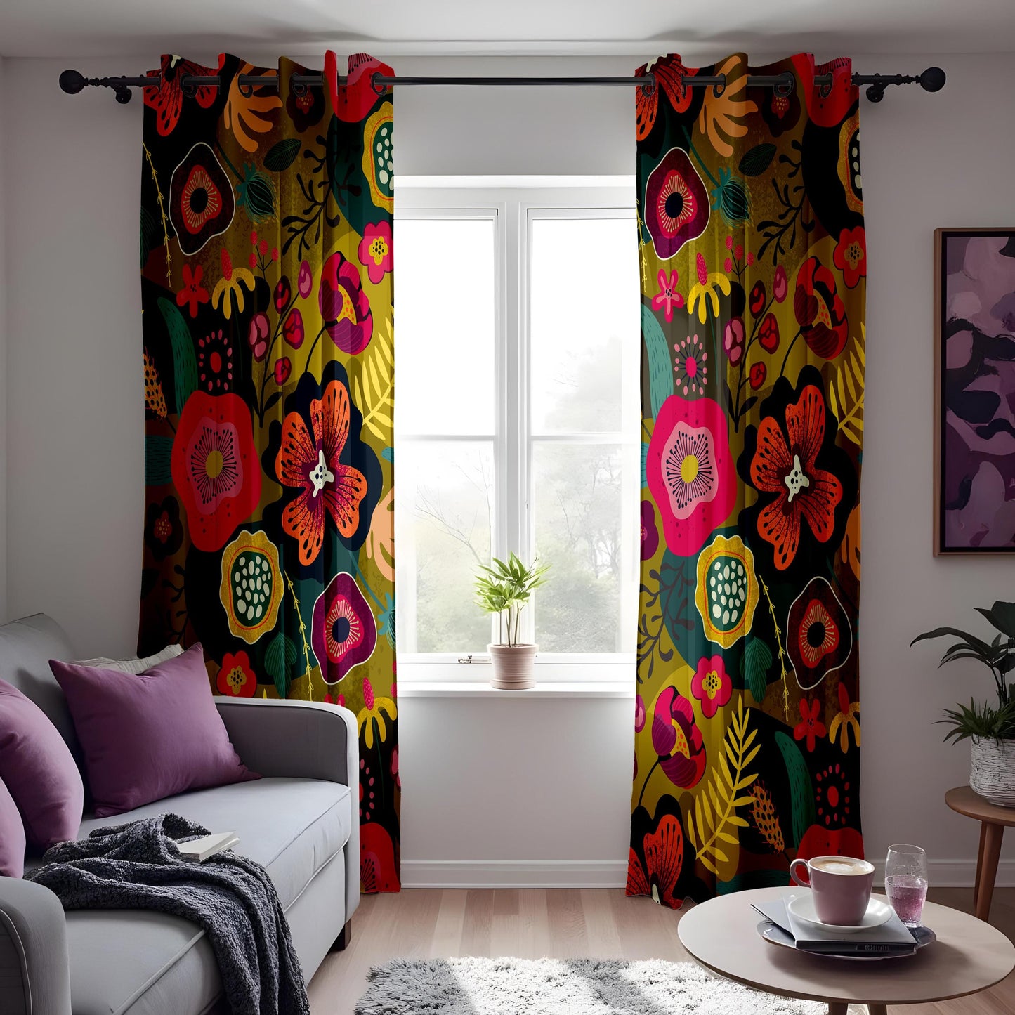 Dark Boho Floral Curtains, Mustard Yellow & Pink Botanical Drapes