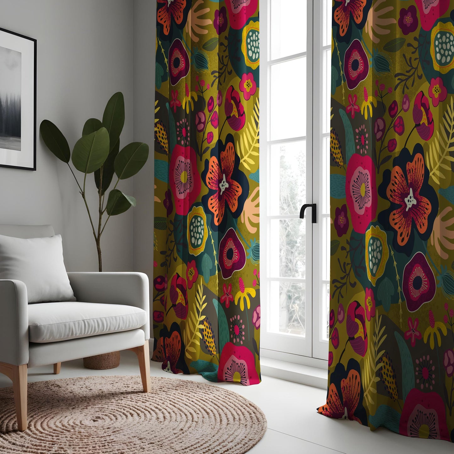 Dark Boho Floral Curtains, Mustard Yellow & Pink Botanical Drapes