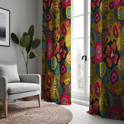 Dark Boho Floral Curtains, Mustard Yellow & Pink Botanical Drapes