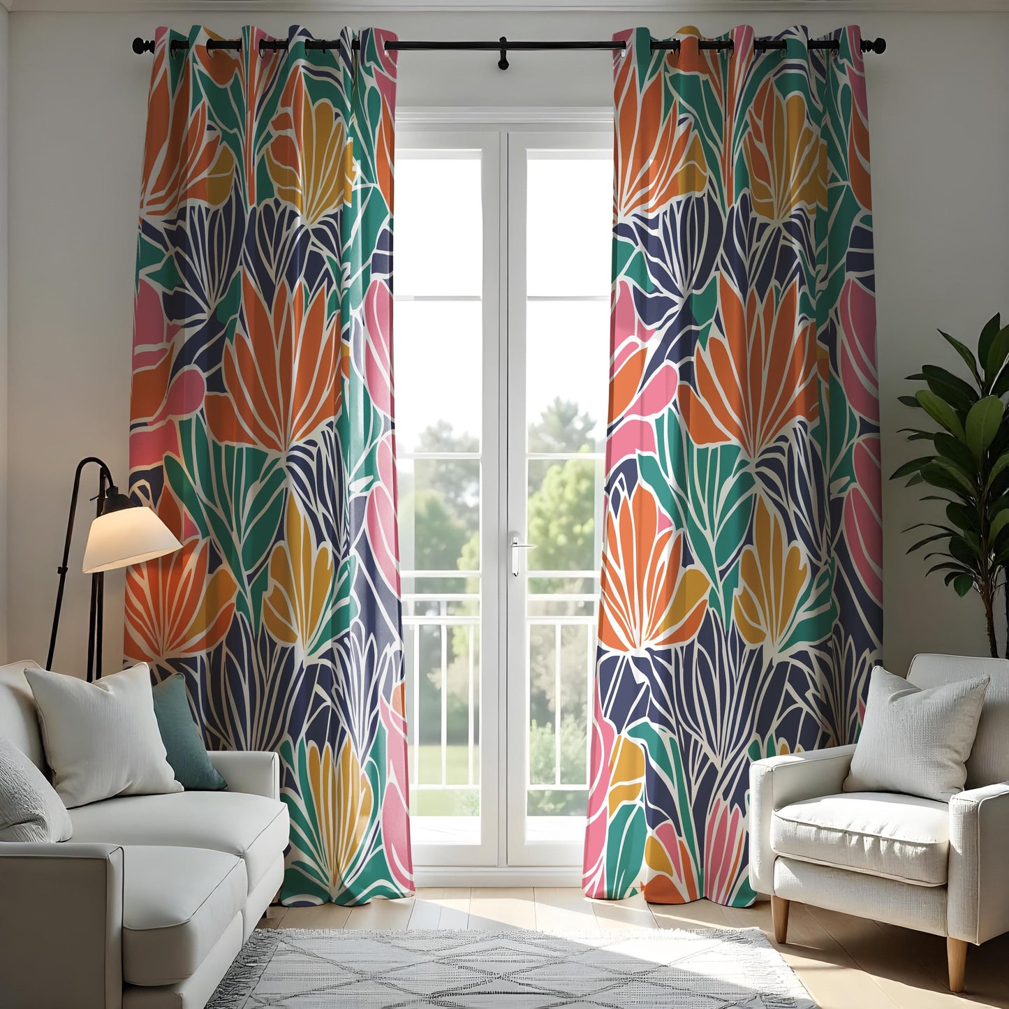 Colorful Tropical Leaf Curtains, Bold Floral Print Drapes